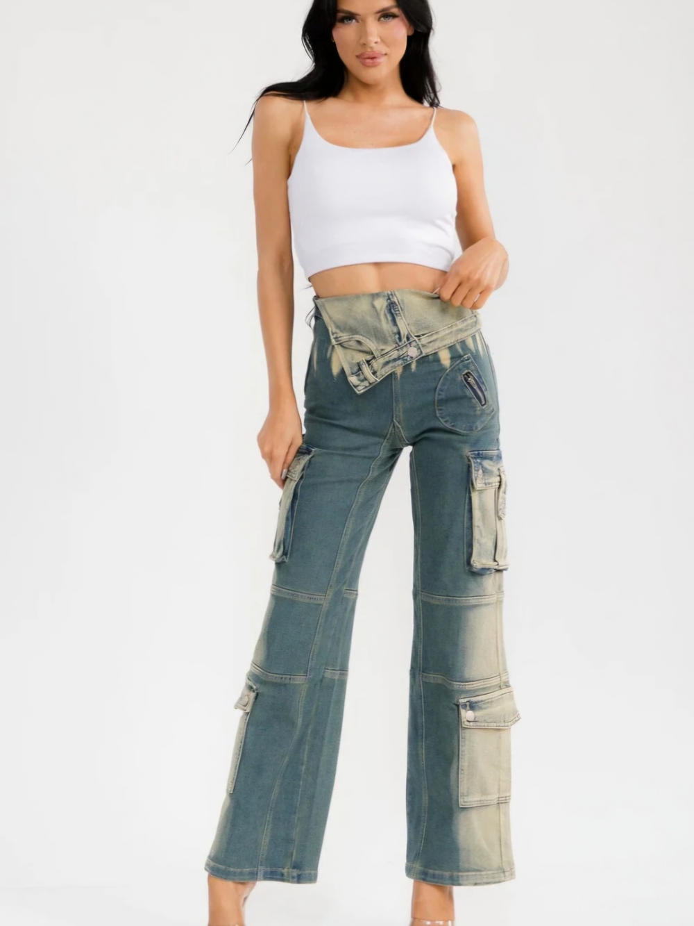C103 NWT Cape Robbin Multi Cargo Fold-Over High Waist Utility Stonewash Sm Md Lg